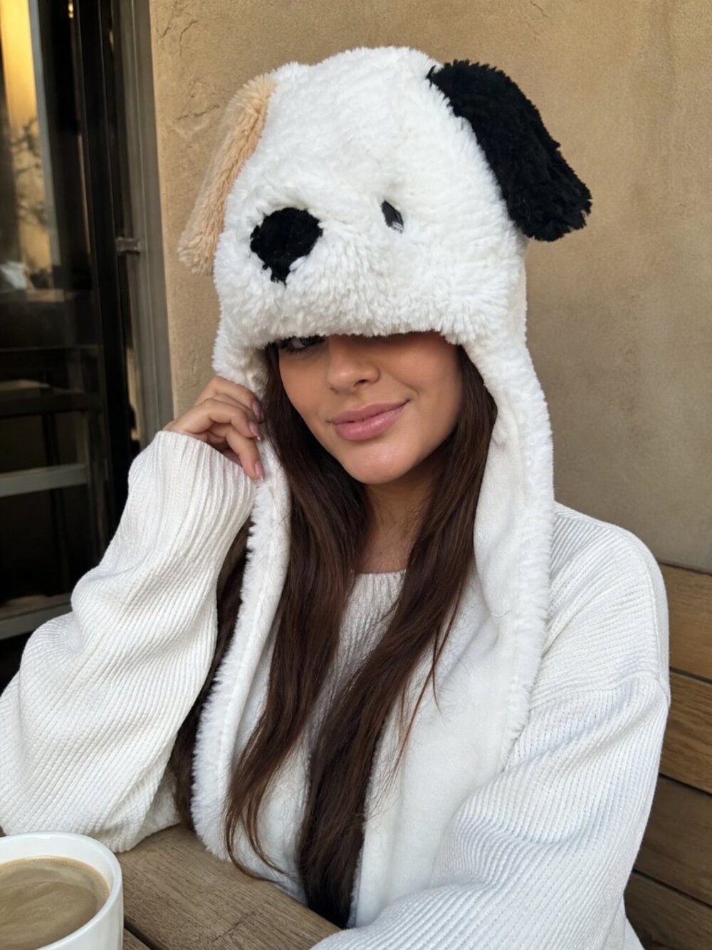 Adorable Dog Plush Hat with Ear Flaps White‎ Black Tan Fun Costume